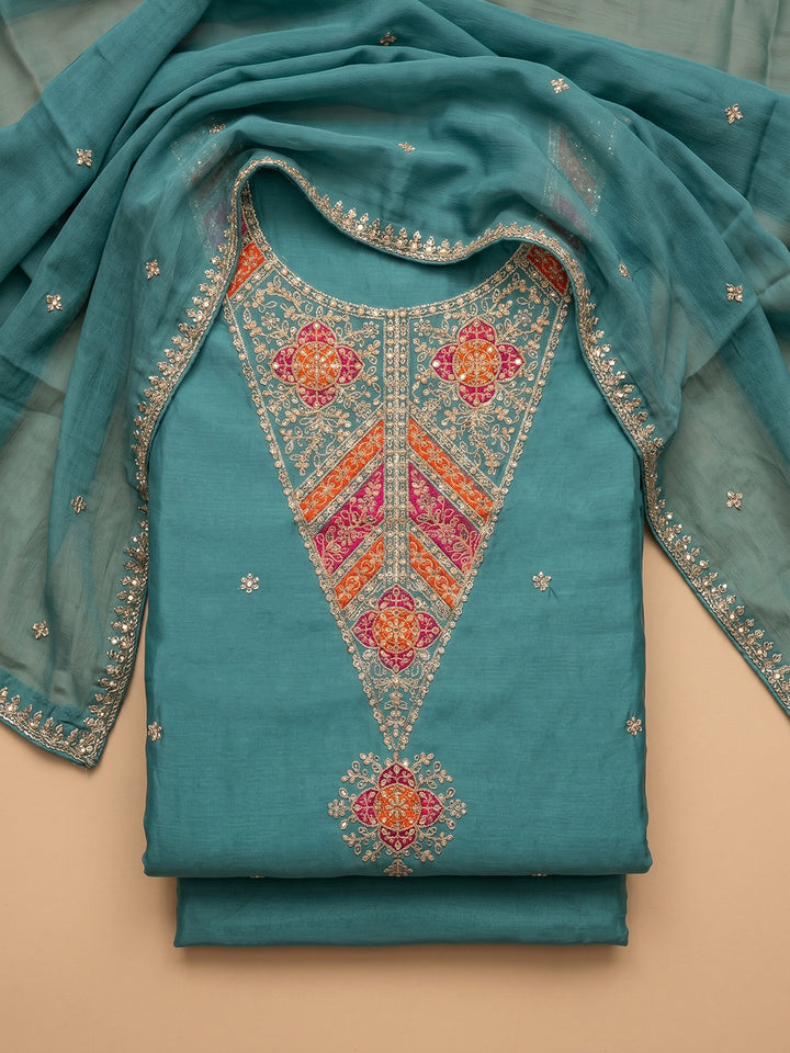 Rama Green Embroidered Chanderi Unstitched Suit With Pant &amp; Dupatta