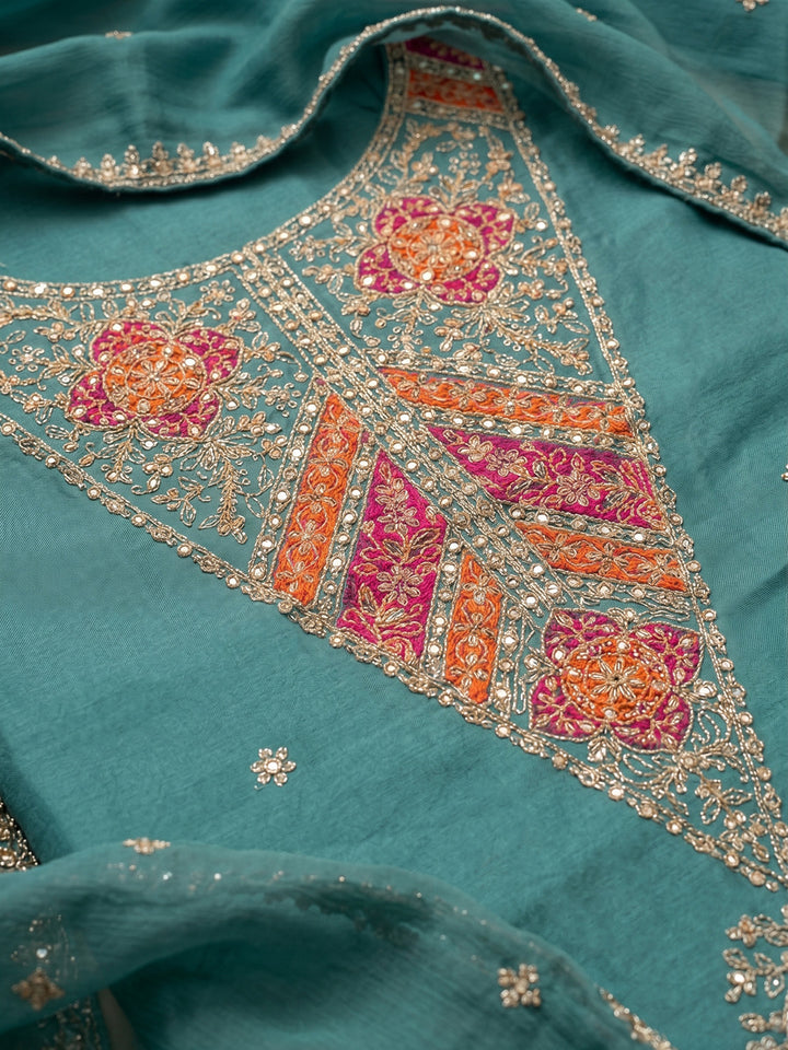 Rama Green Embroidered Chanderi Unstitched Suit With Pant &amp; Dupatta