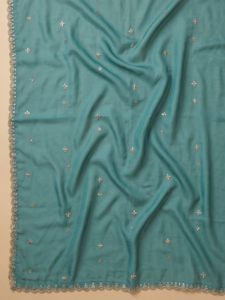 Rama Green Embroidered Chanderi Unstitched Suit With Pant &amp; Dupatta
