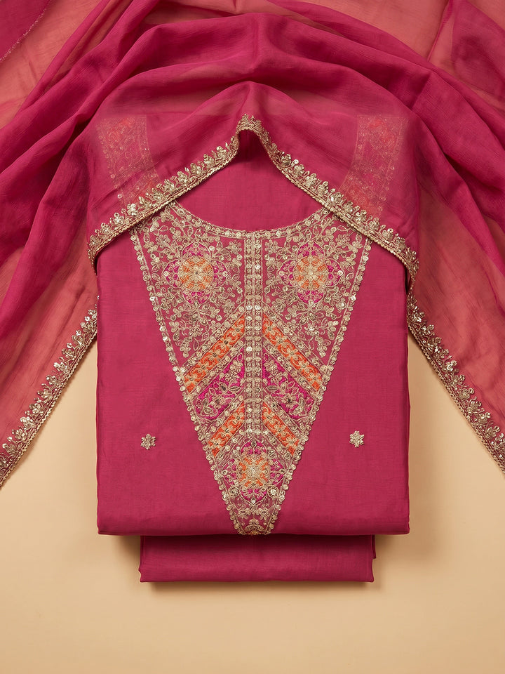 Rani Embroidered Chanderi Unstitched Suit With Pant &amp; Dupatta