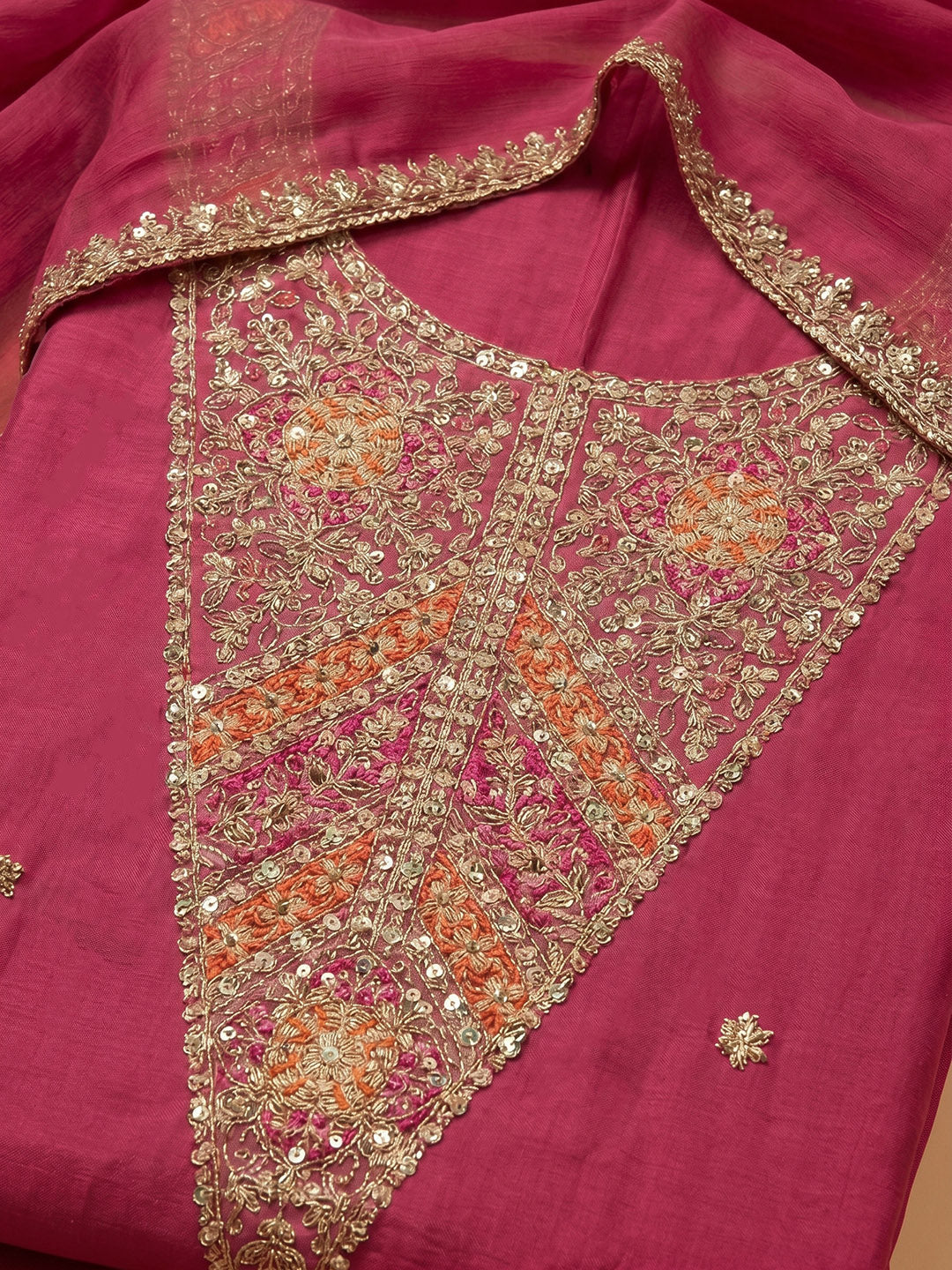 Rani Embroidered Chanderi Unstitched Suit With Pant &amp; Dupatta