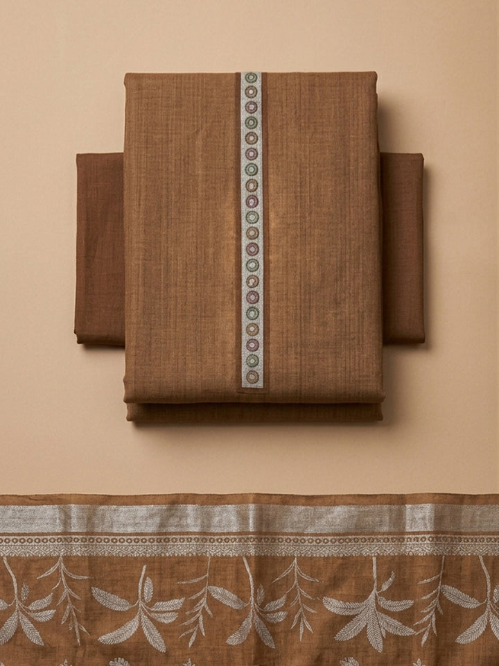 Brown Printed Linen Blend Unstitched Suit With Pant &amp; Dupatta