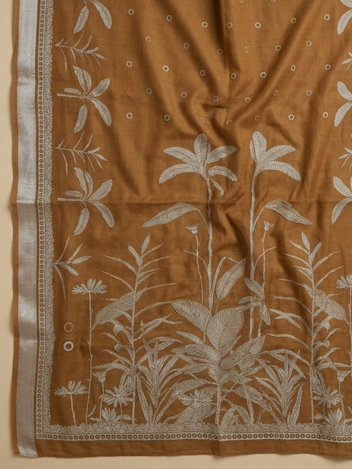 Brown Printed Linen Blend Unstitched Suit With Pant &amp; Dupatta