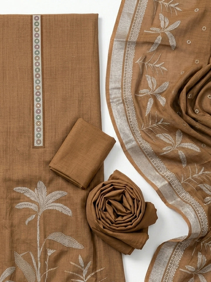 Brown Printed Linen Blend Unstitched Suit With Pant &amp; Dupatta