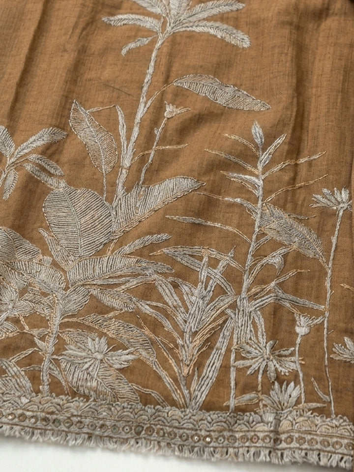 Brown Printed Linen Blend Unstitched Suit With Pant &amp; Dupatta