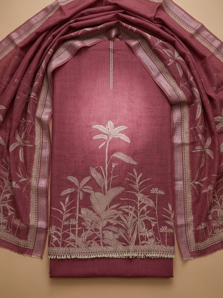 Onion Pink Printed Linen Blend Unstitched Suit With Pant &amp; Dupatta