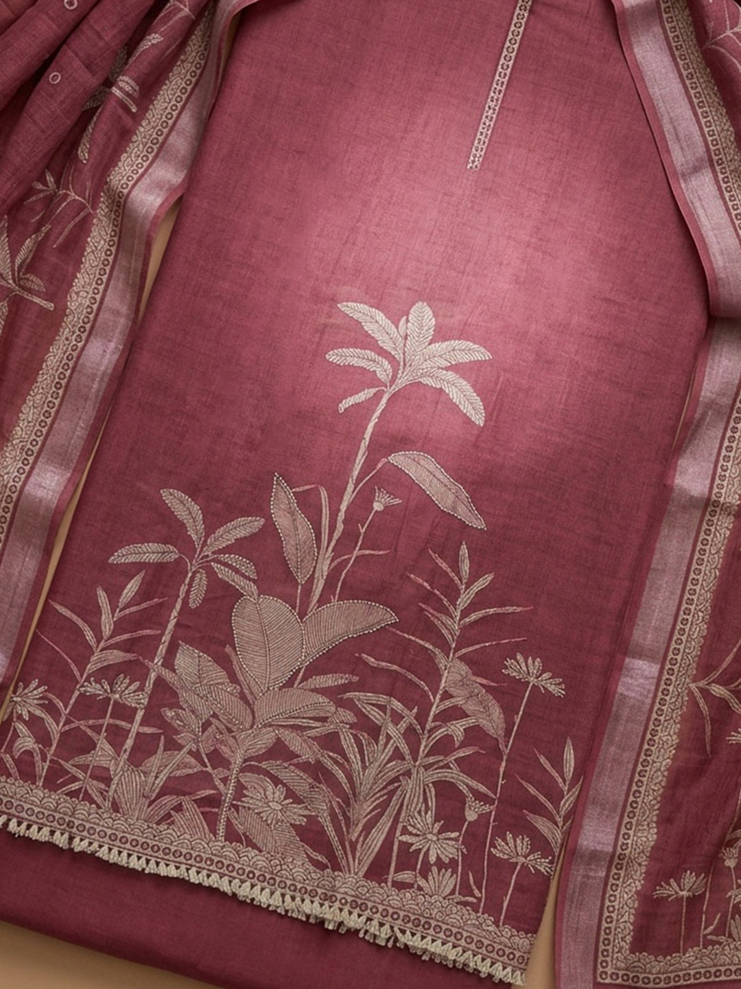 Onion Pink Printed Linen Blend Unstitched Suit With Pant &amp; Dupatta