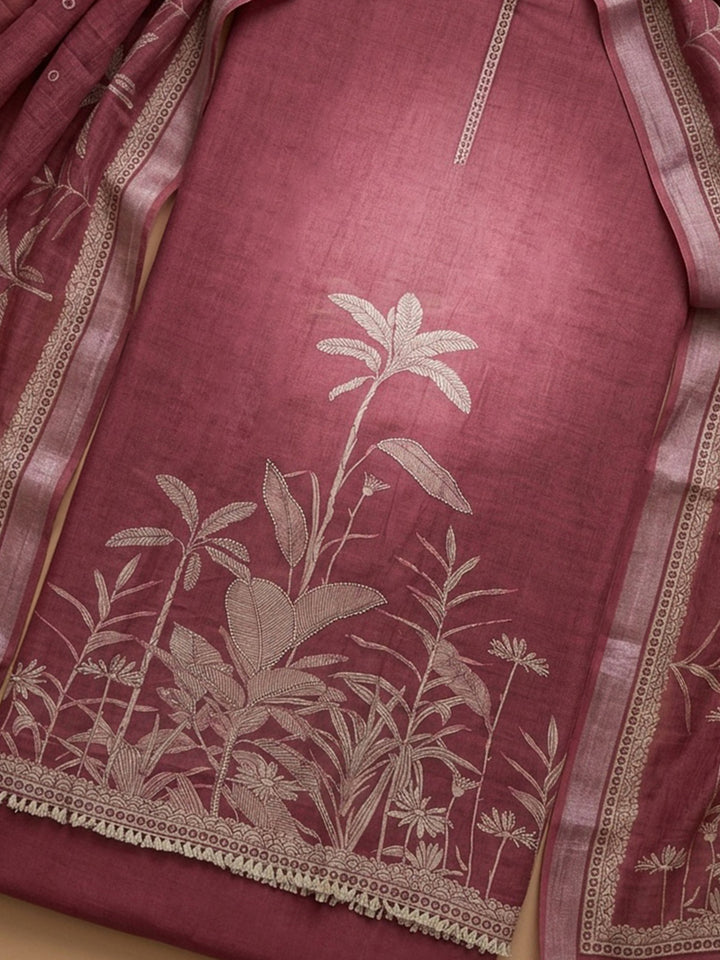 Onion Pink Printed Linen Blend Unstitched Suit With Pant &amp; Dupatta