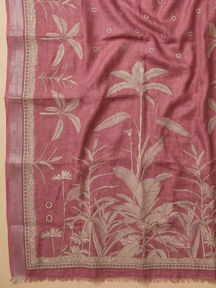 Onion Pink Printed Linen Blend Unstitched Suit With Pant &amp; Dupatta