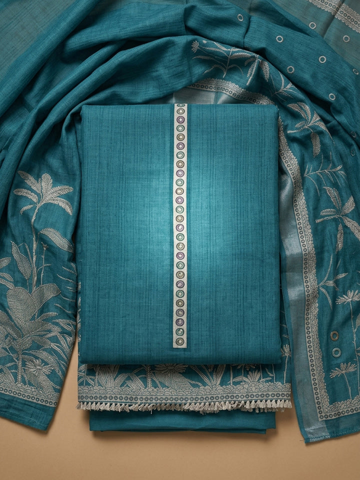 Rama Green Printed Linen Blend Unstitched Suit With Pant &amp; Dupatta