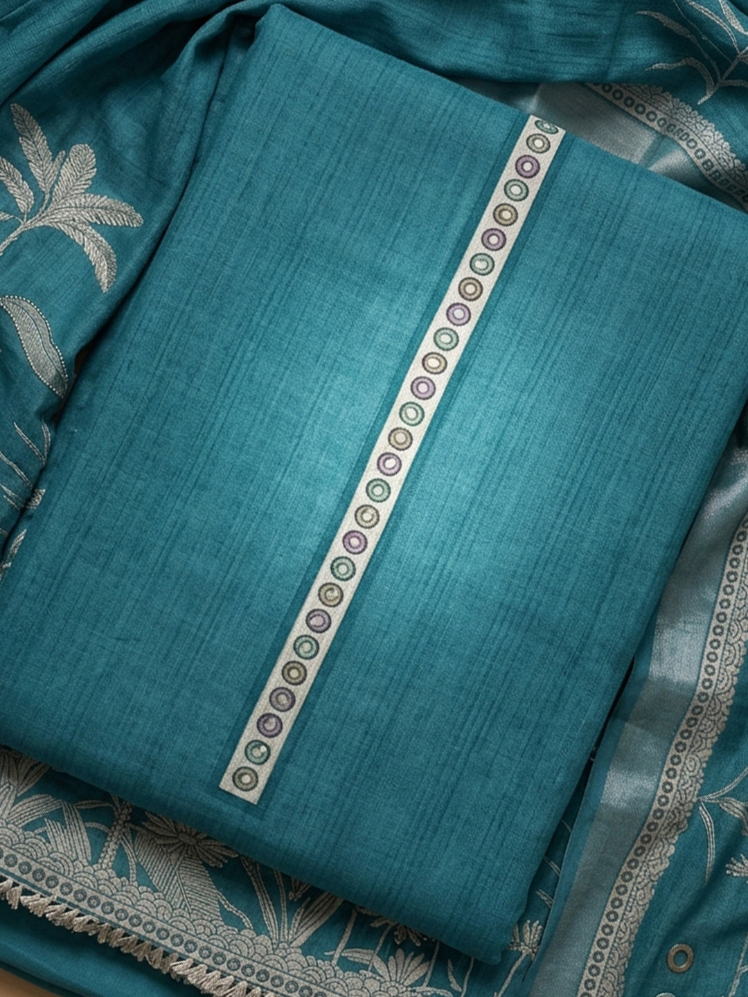 Rama Green Printed Linen Blend Unstitched Suit With Pant &amp; Dupatta