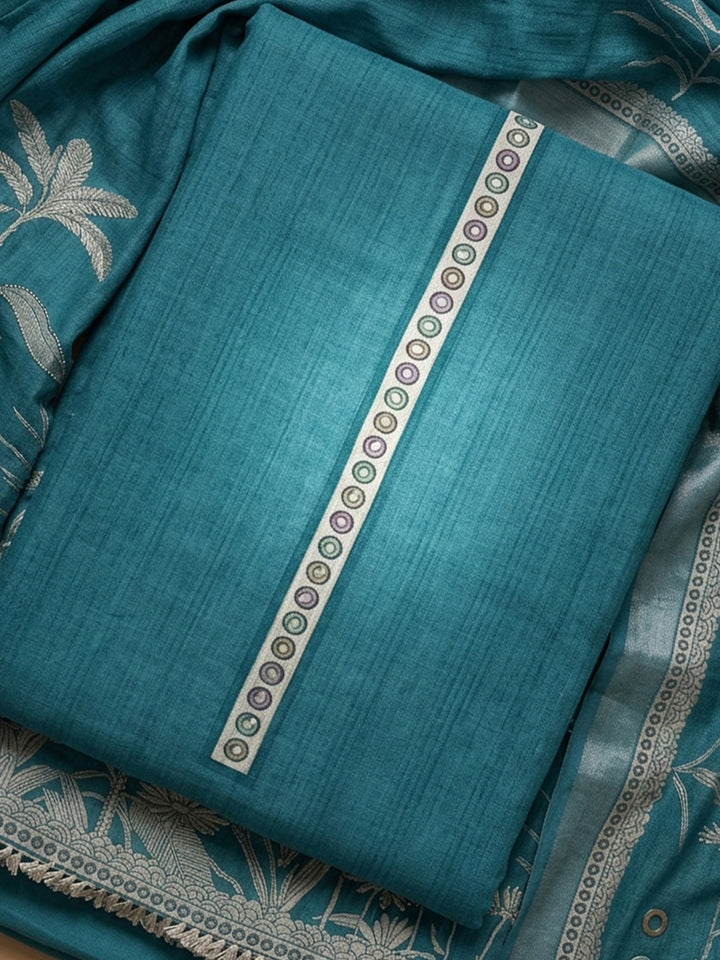 Rama Green Printed Linen Blend Unstitched Suit With Pant &amp; Dupatta