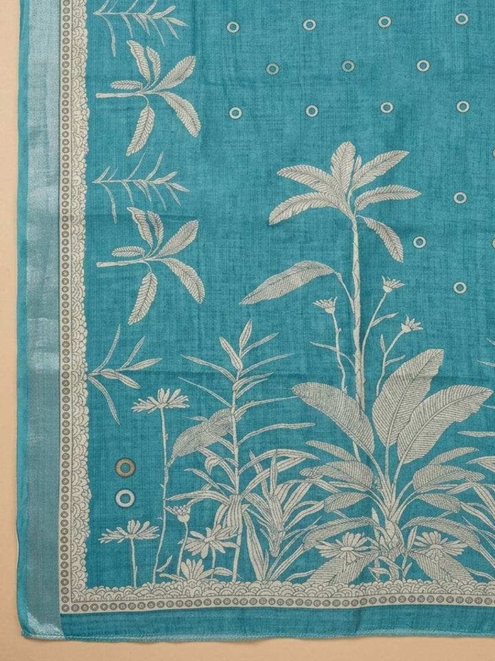 Rama Green Printed Linen Blend Unstitched Suit With Pant &amp; Dupatta