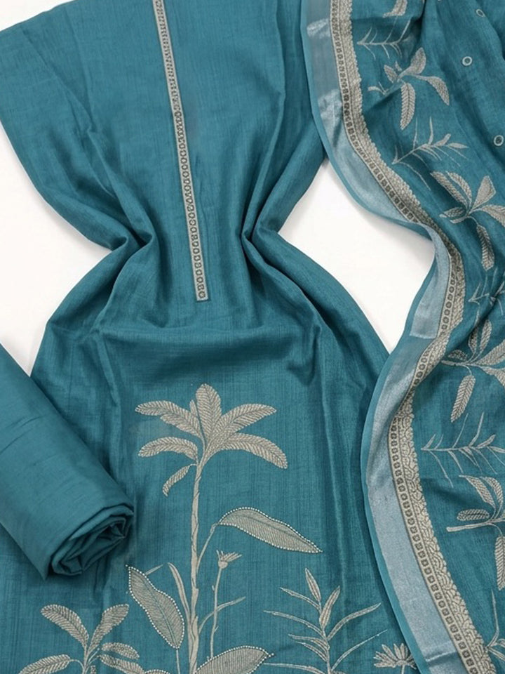 Rama Green Printed Linen Blend Unstitched Suit With Pant &amp; Dupatta
