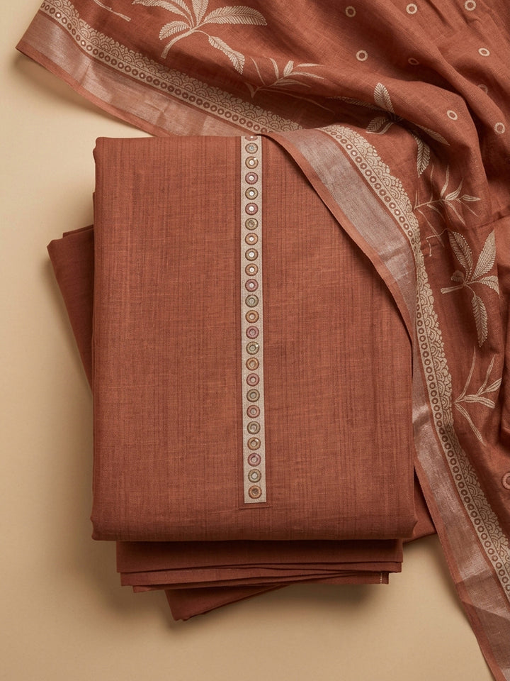 Rust Printed Linen Blend Unstitched Suit With Pant &amp; Dupatta