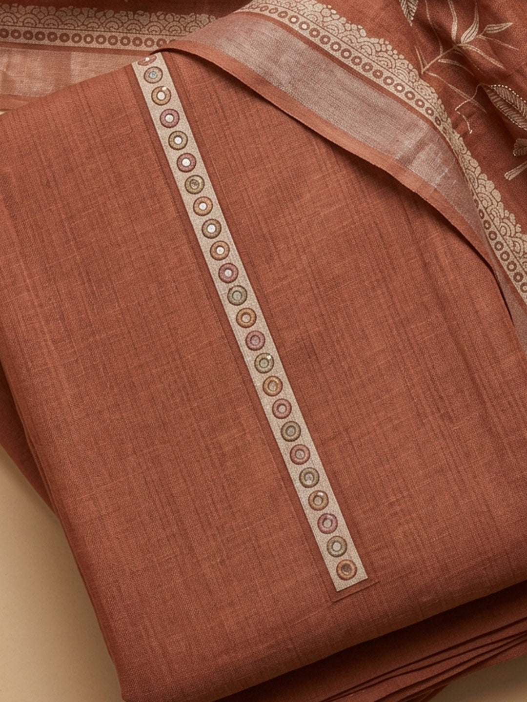 Rust Printed Linen Blend Unstitched Suit With Pant &amp; Dupatta