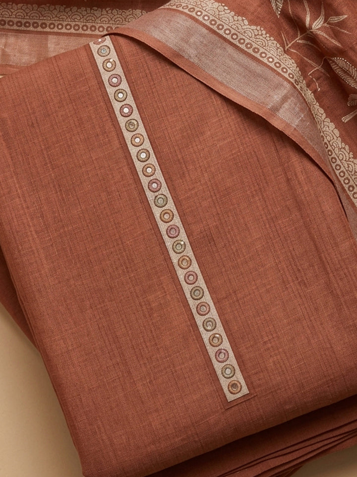 Rust Printed Linen Blend Unstitched Suit With Pant &amp; Dupatta