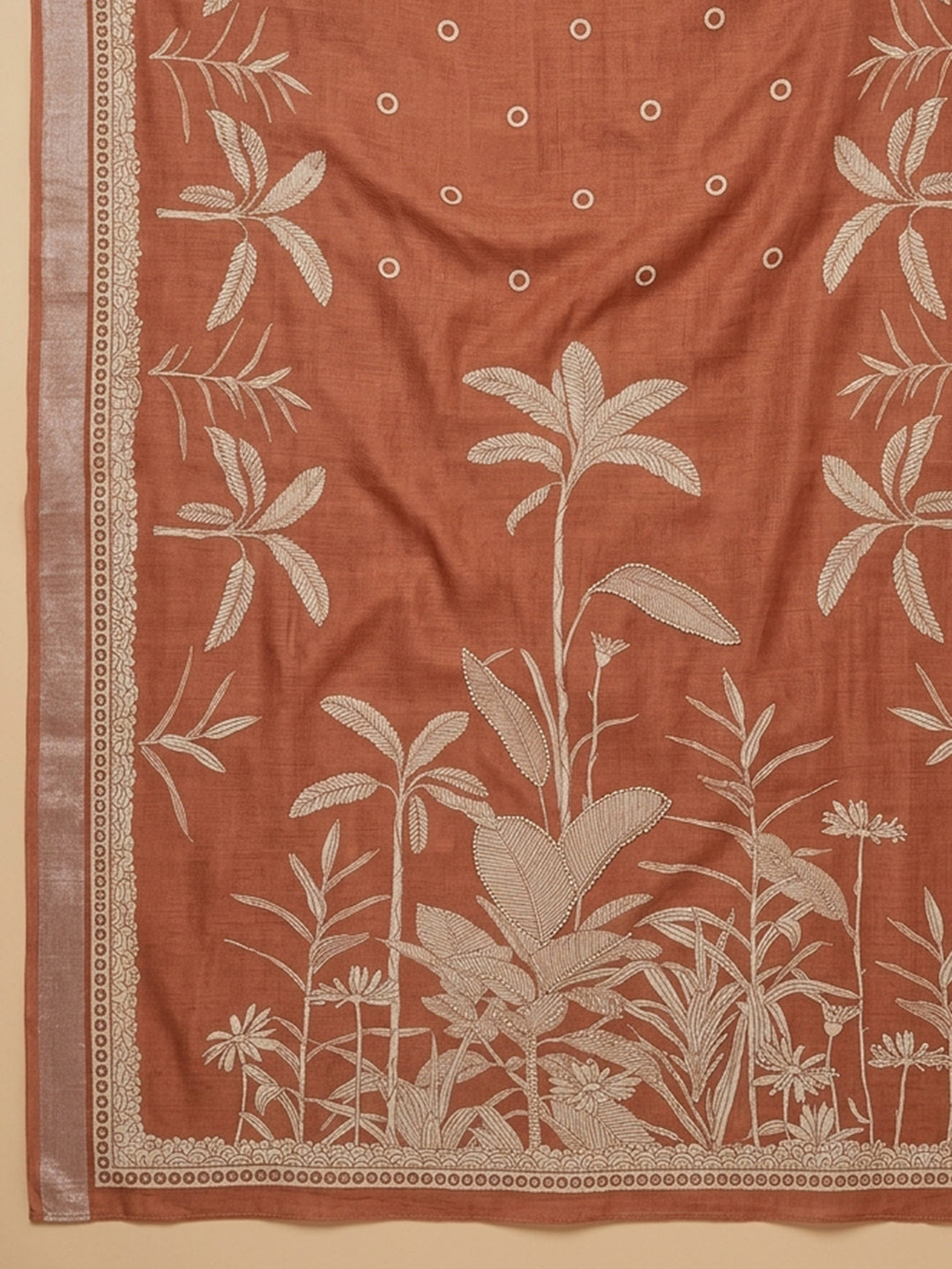 Rust Printed Linen Blend Unstitched Suit With Pant &amp; Dupatta