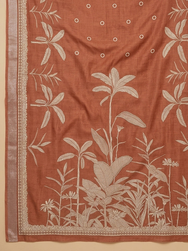 Rust Printed Linen Blend Unstitched Suit With Pant &amp; Dupatta