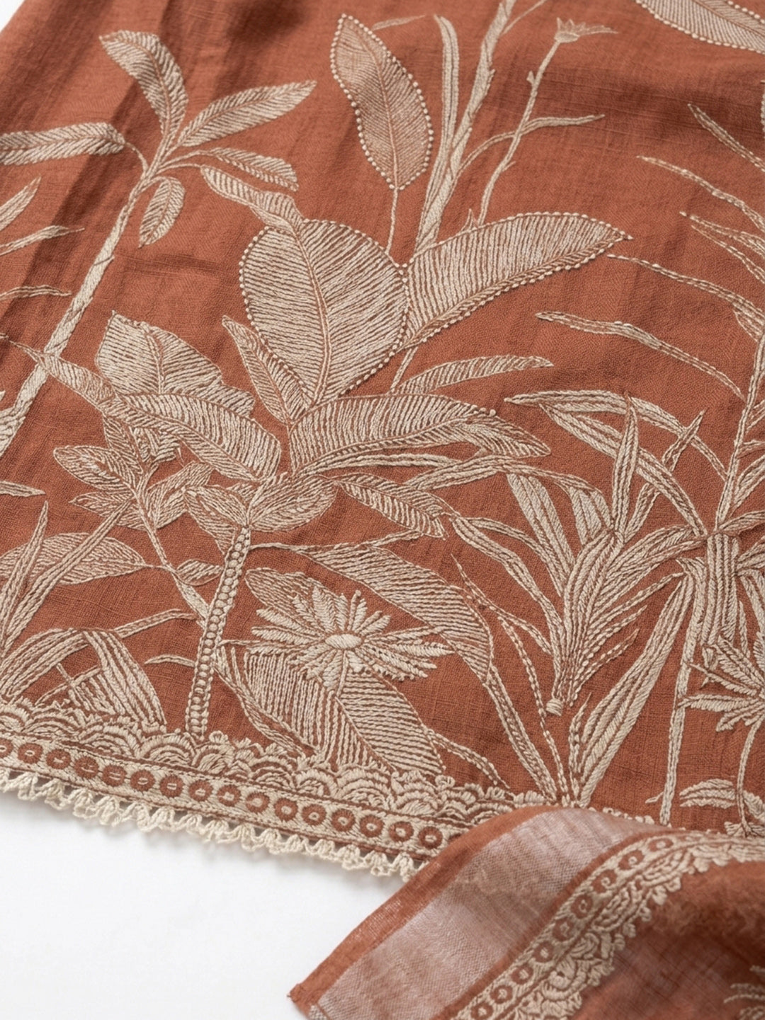 Rust Printed Linen Blend Unstitched Suit With Pant &amp; Dupatta