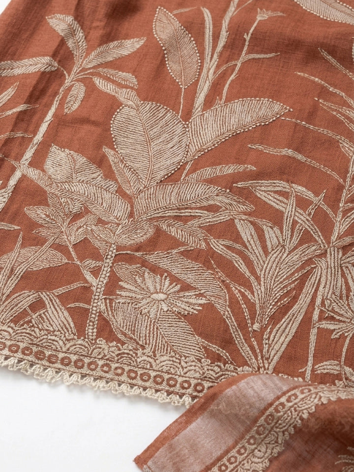 Rust Printed Linen Blend Unstitched Suit With Pant &amp; Dupatta
