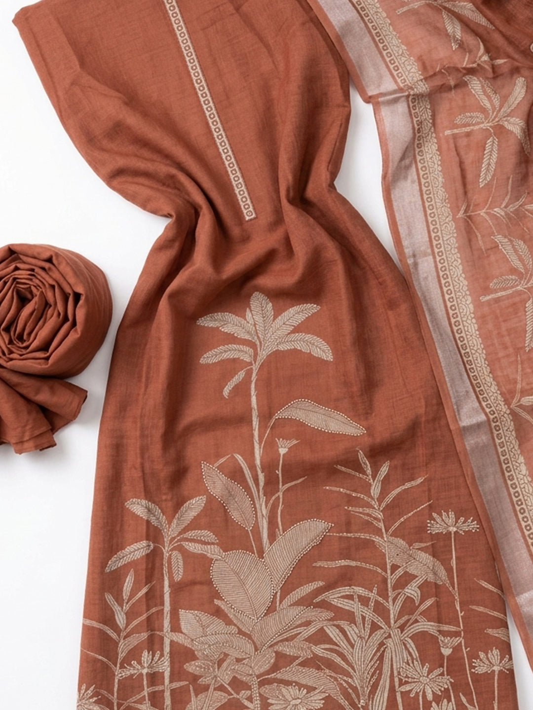 Rust Printed Linen Blend Unstitched Suit With Pant &amp; Dupatta