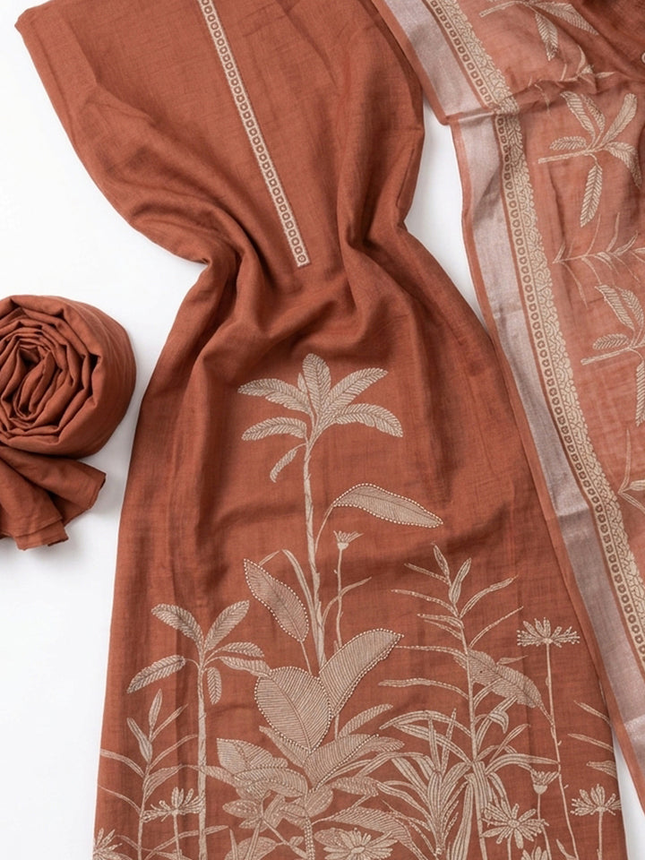 Rust Printed Linen Blend Unstitched Suit With Pant &amp; Dupatta