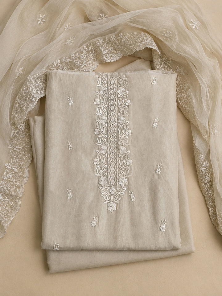 Beige Embroidered Chanderi Unstitched Suit &amp; Pant With Chanderi Dupatta