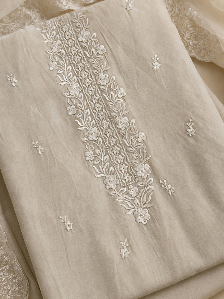 Beige Embroidered Chanderi Unstitched Suit &amp; Pant With Chanderi Dupatta