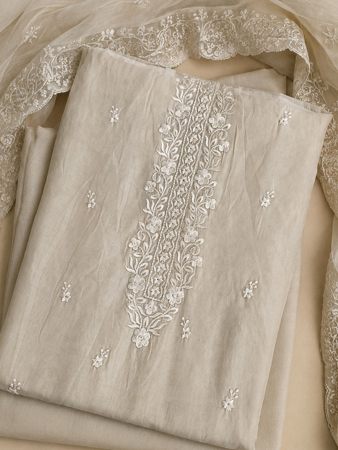 Beige Embroidered Chanderi Unstitched Suit &amp; Pant With Chanderi Dupatta