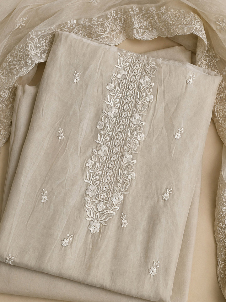 Beige Embroidered Chanderi Unstitched Suit &amp; Pant With Chanderi Dupatta