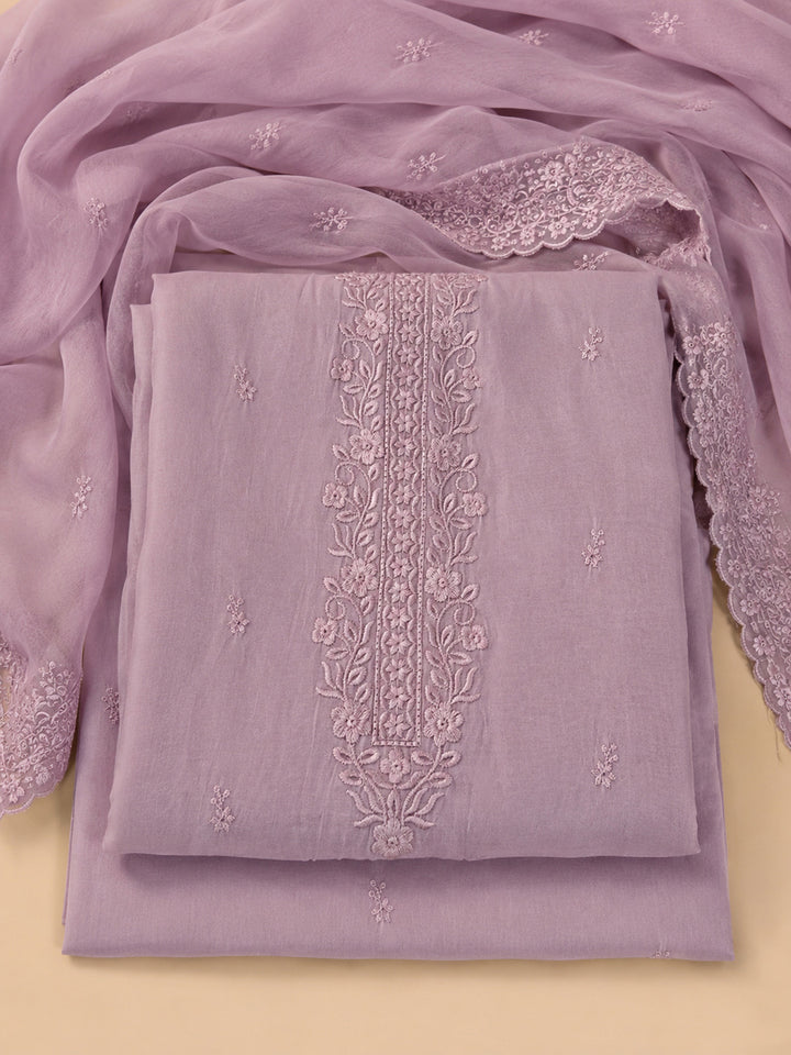 Lavender Embroidered Chanderi Unstitched Suit &amp; Pant With Chanderi Dupatta