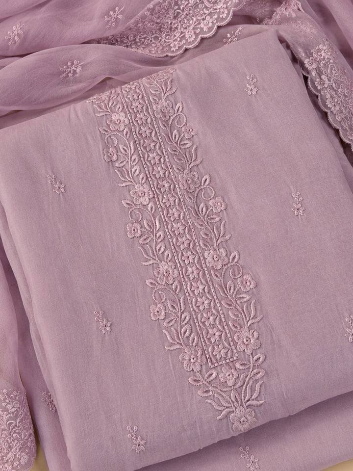 Lavender Embroidered Chanderi Unstitched Suit &amp; Pant With Chanderi Dupatta
