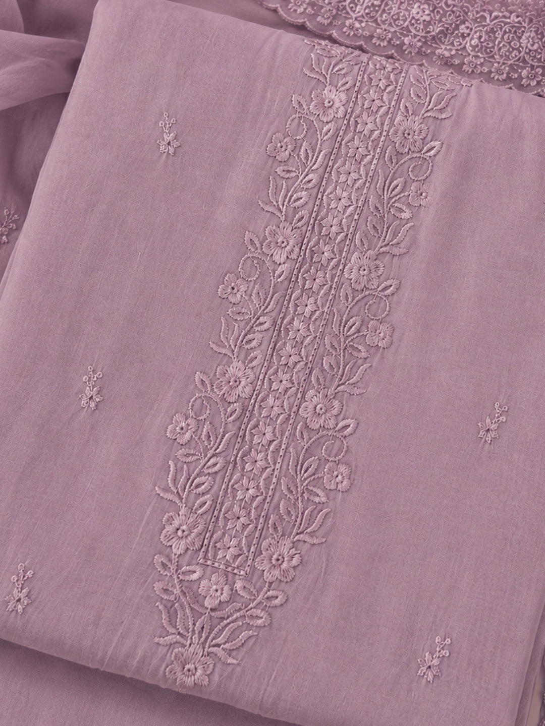 Lavender Embroidered Chanderi Unstitched Suit &amp; Pant With Chanderi Dupatta