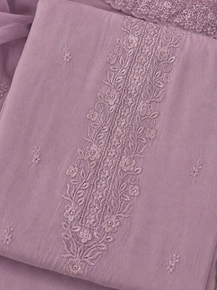 Lavender Embroidered Chanderi Unstitched Suit &amp; Pant With Chanderi Dupatta