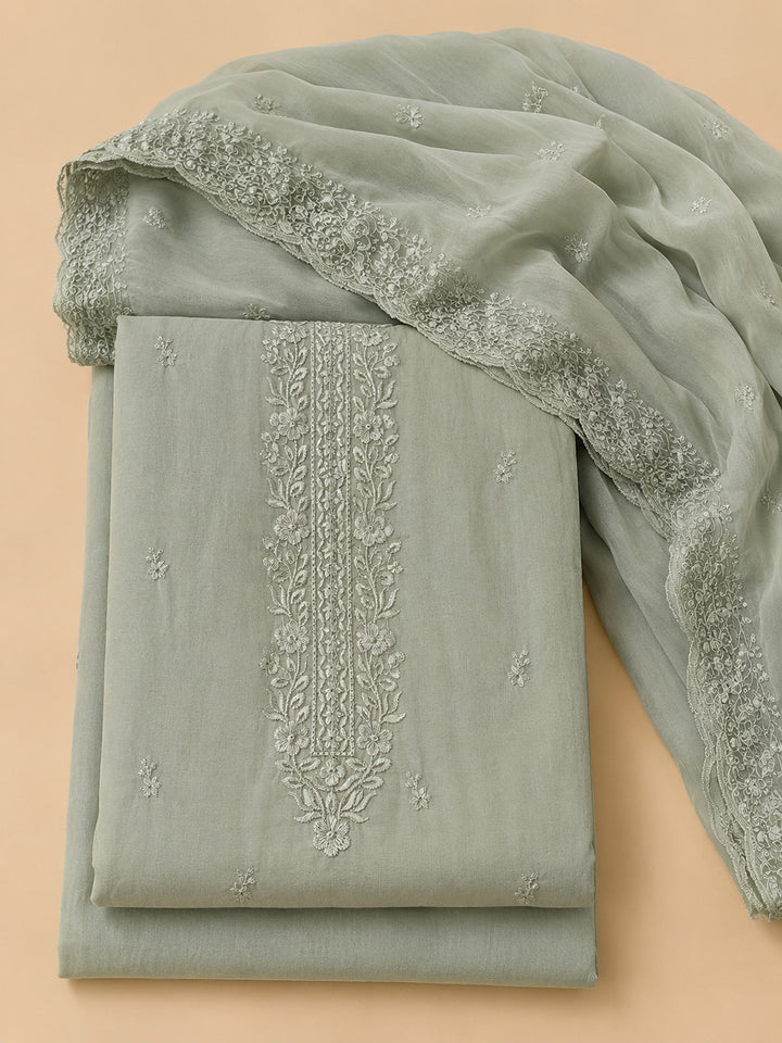 Pista Green Embroidered Chanderi Unstitched Suit &amp; Pant With Chanderi Dupatta