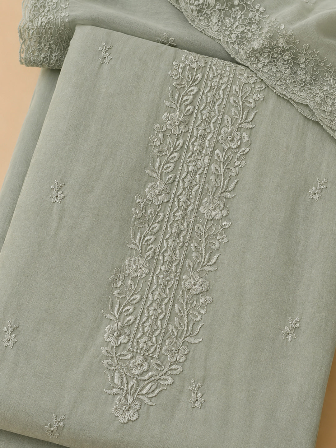 Pista Green Embroidered Chanderi Unstitched Suit &amp; Pant With Chanderi Dupatta