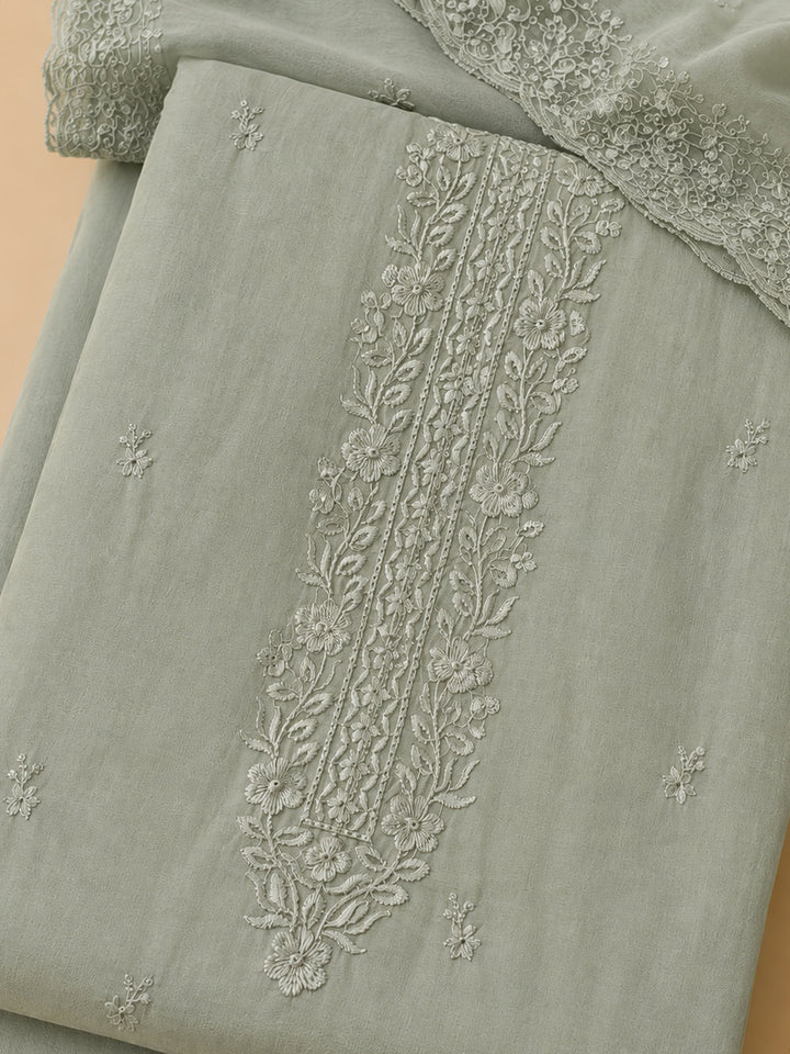 Pista Green Embroidered Chanderi Unstitched Suit &amp; Pant With Chanderi Dupatta