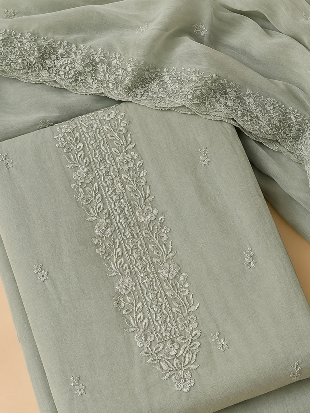 Pista Green Embroidered Chanderi Unstitched Suit &amp; Pant With Chanderi Dupatta