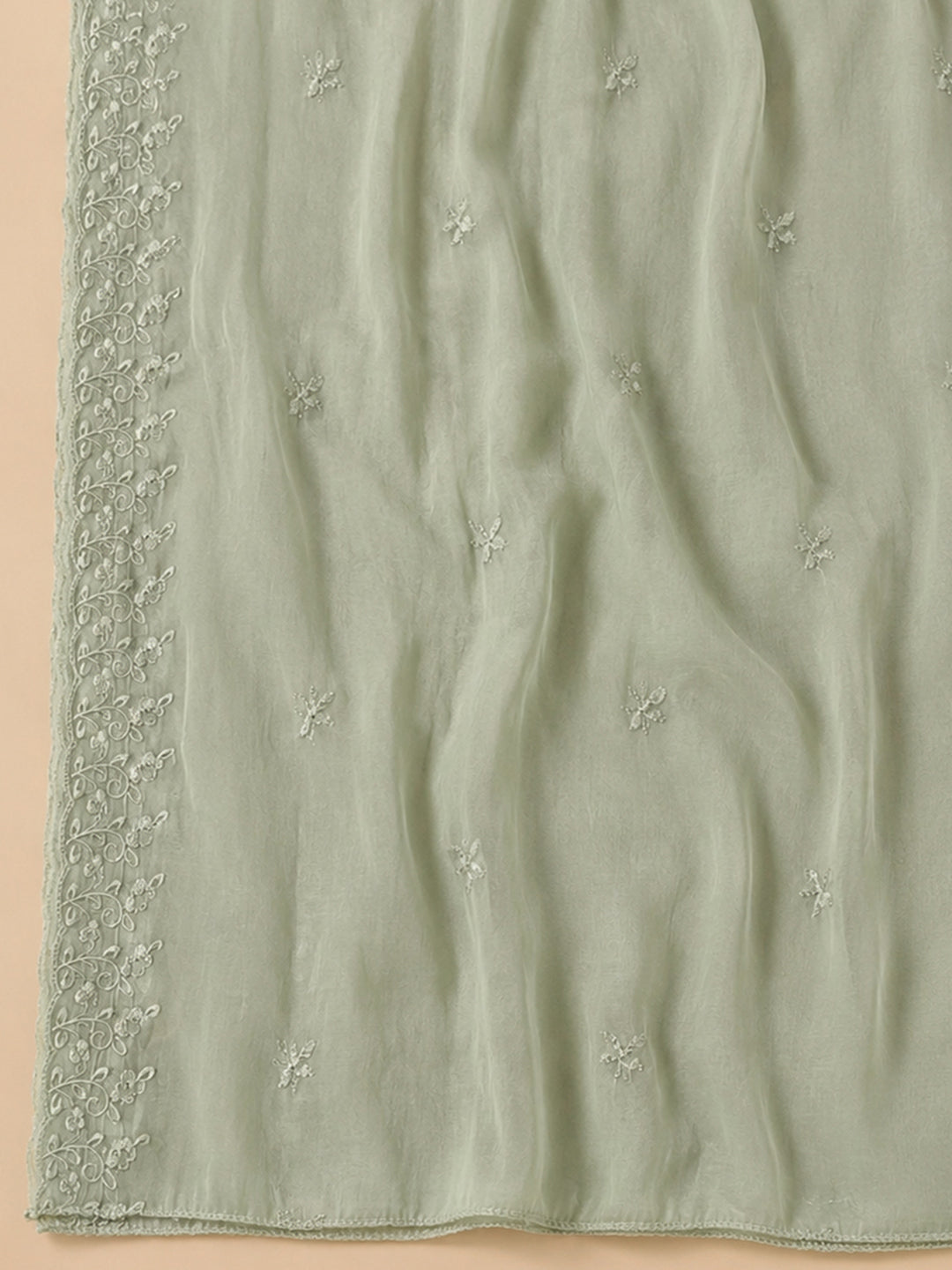 Pista Green Embroidered Chanderi Unstitched Suit &amp; Pant With Chanderi Dupatta