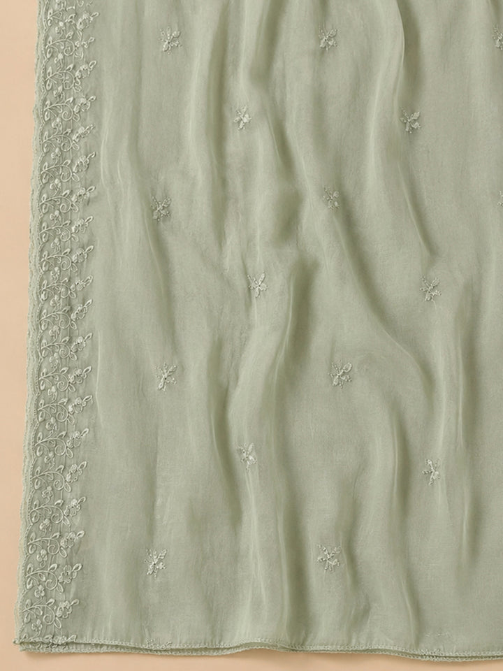 Pista Green Embroidered Chanderi Unstitched Suit &amp; Pant With Chanderi Dupatta