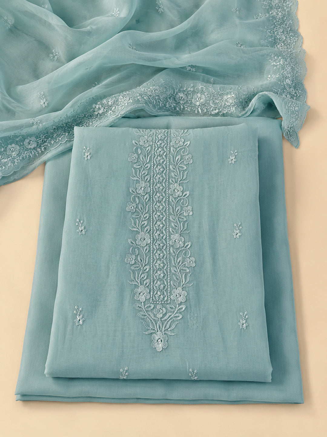 Sea Green Embroidered Chanderi Unstitched Suit &amp; Pant With Chanderi Dupatta