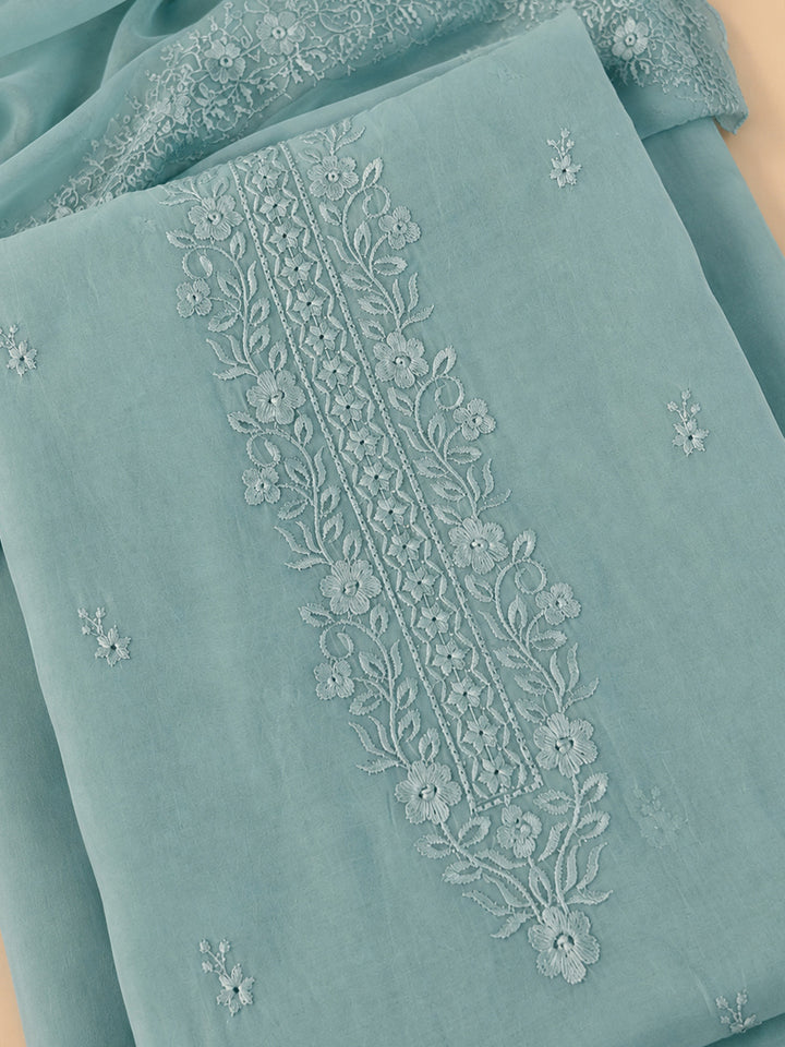 Sea Green Embroidered Chanderi Unstitched Suit &amp; Pant With Chanderi Dupatta