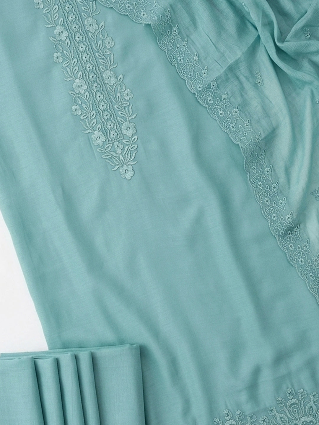 Sea Green Embroidered Chanderi Unstitched Suit &amp; Pant With Chanderi Dupatta