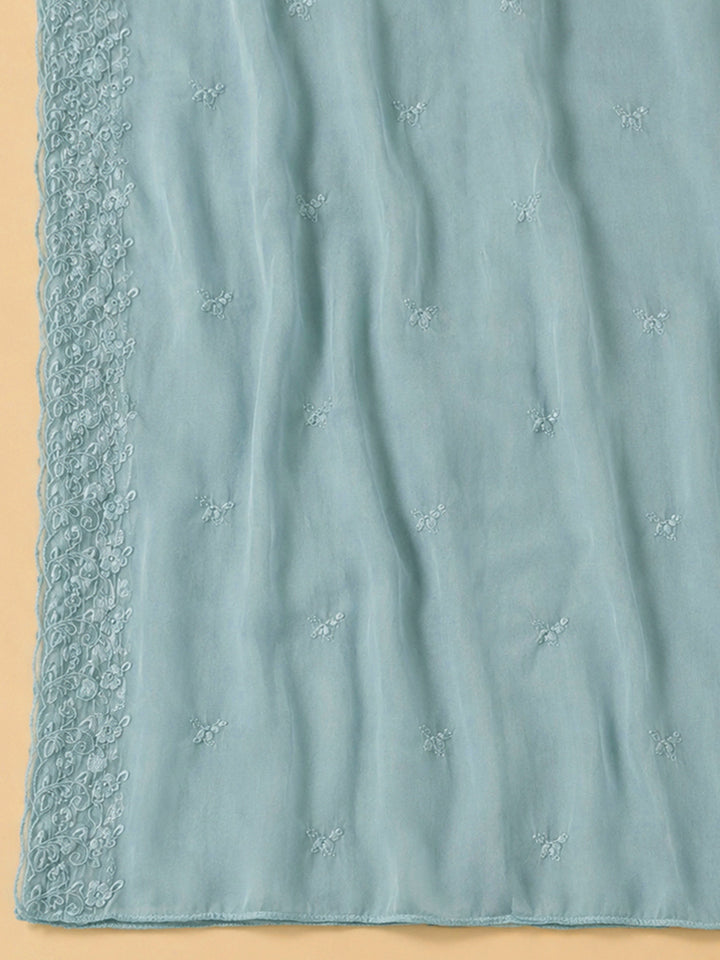 Sea Green Embroidered Chanderi Unstitched Suit &amp; Pant With Chanderi Dupatta