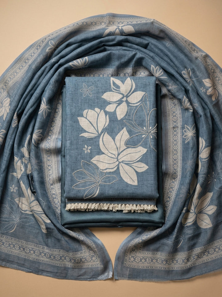 Blue Printed Linen Blend Unstitched Suit With Pant &amp; Dupatta