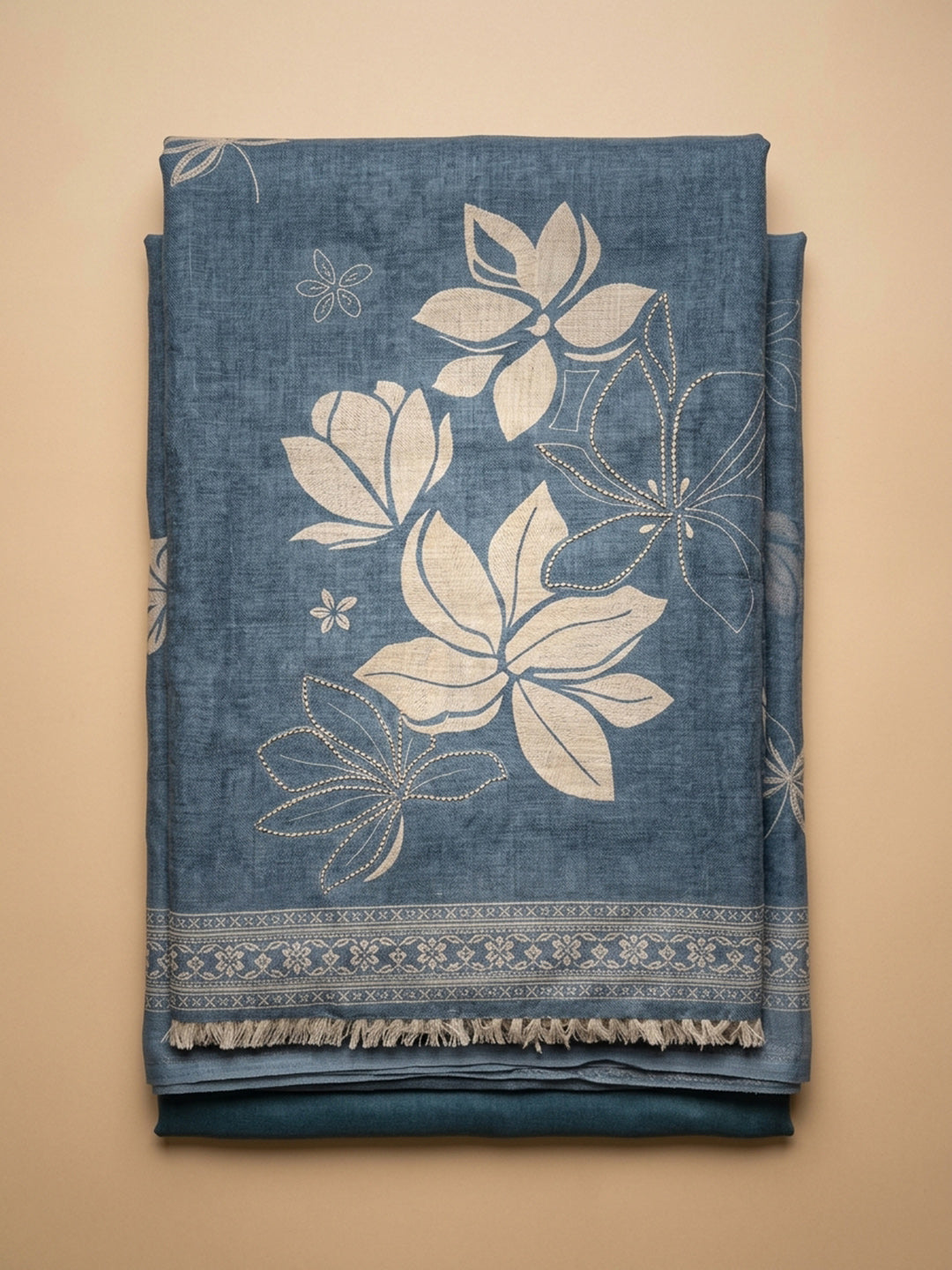 Blue Printed Linen Blend Unstitched Suit With Pant &amp; Dupatta