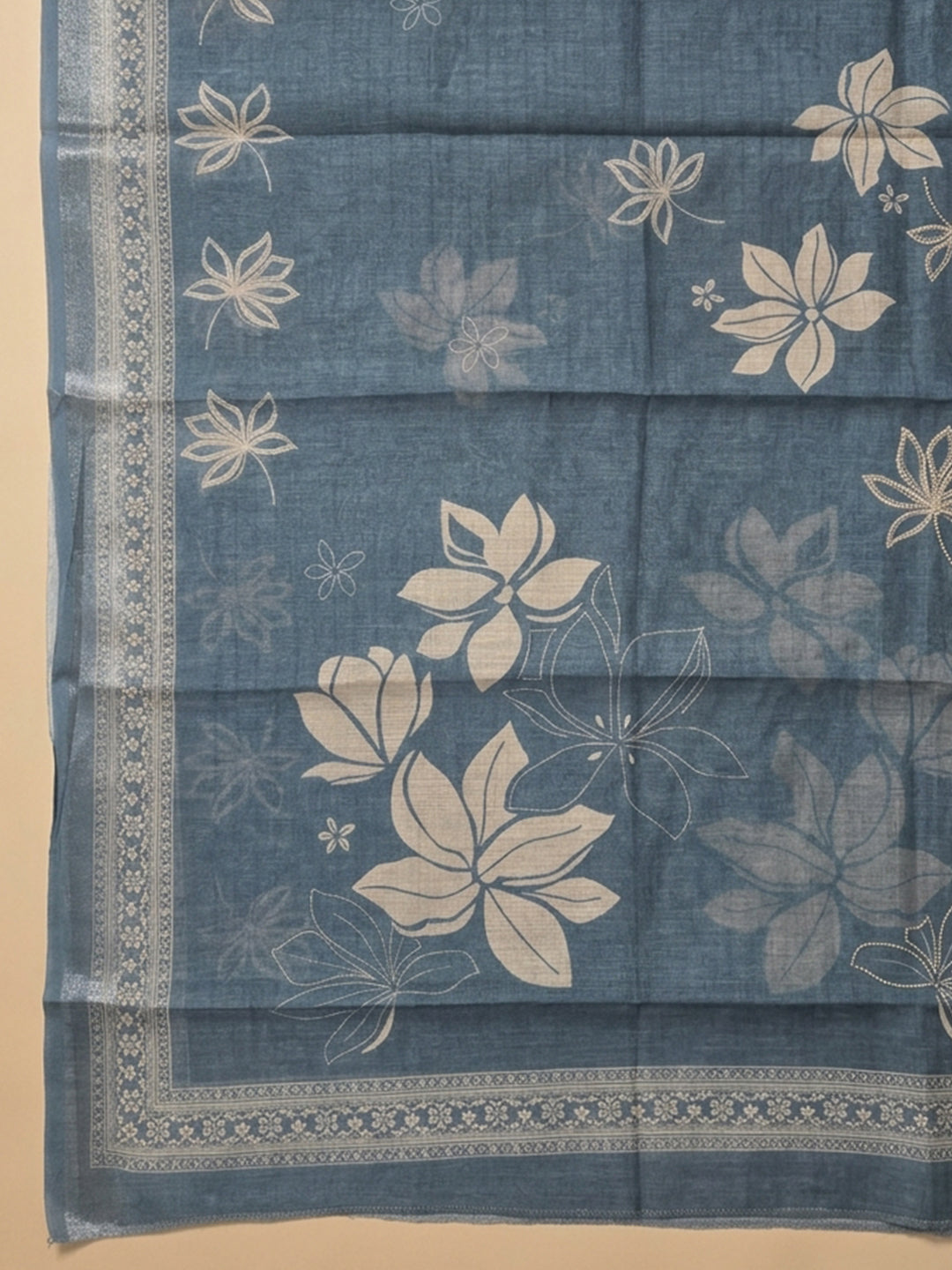 Blue Printed Linen Blend Unstitched Suit With Pant &amp; Dupatta