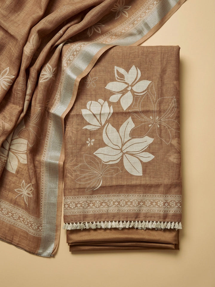 Brick Printed Linen Blend Unstitched Suit With Pant &amp; Dupatta