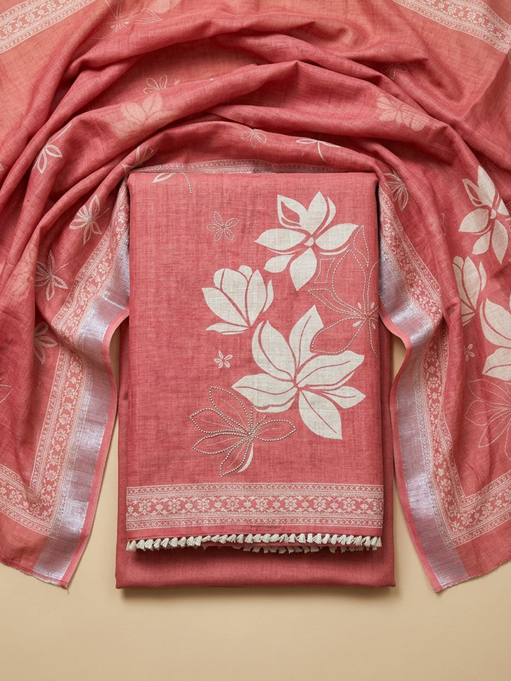 Dusty Pink Printed Linen Blend Unstitched Suit With Pant &amp; Dupatta